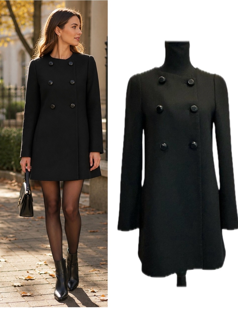 Zara Basic Black Double-Breasted A-Line Pea Coat Sz S fall winter classy